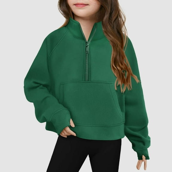 Teen Girls Half Zip Crop Cute Fleece Pullover Winter Clothes with Thumb Hole 5-16T Green 150