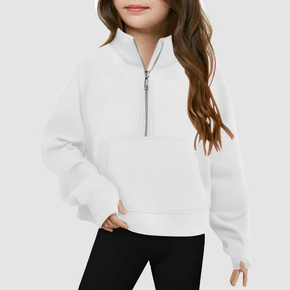 Teen Girls Half Zip Crop Cute Fleece Pullover Winter Clothes with Thumb Hole 5-16T White 150