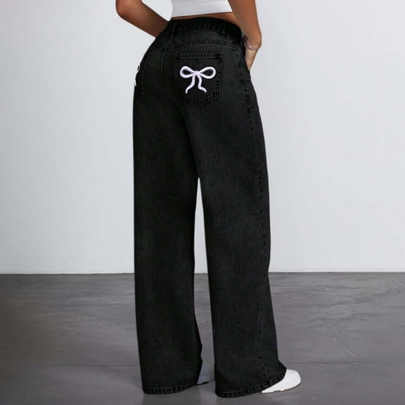 Teen Girls High Waisted Flared Jeans | Embroidered Back Pocket Clean Denim | Wide Leg Stretch Soft Pants | 11-18 Years Casual Snowflake Wash Jeans(Black,13-14Years)