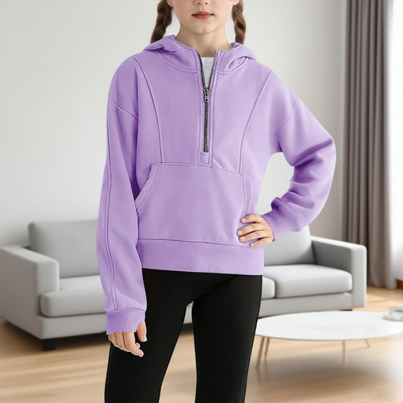 Teen Girls Hoodie Kids Half Zipper Purple Hooded Long Sleeve Thumbhole Pullover Hoodie Sweatshirt Little Girls Clothes Preppy Clothes 13-14 Years