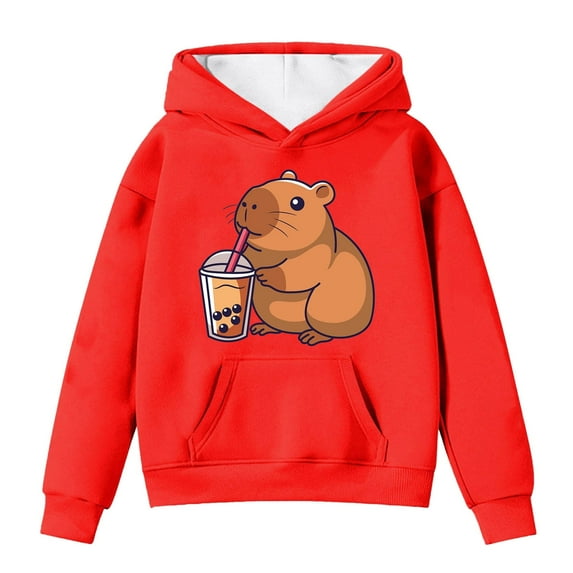 Teen Girls Hoodies Sweatshirts Cute Capybara Print Pullover Long Sleeve Pocket Hooded Sweatshirt Kids Winter Fall Casual Clothes Red Size 13-14T