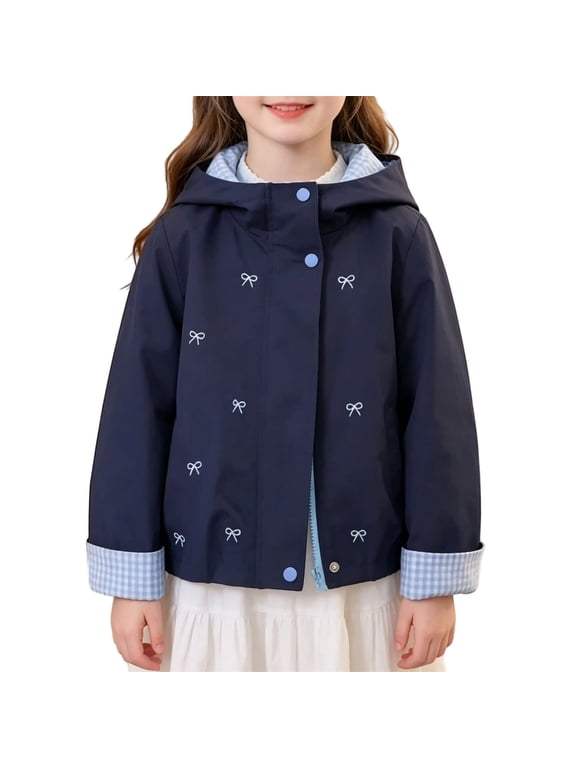 Teen Girls Jacket Lightweight Hooded Windbreaker Kids Water-Resistant Light Rain Jacket Bow Embroidery Lapel Hooded Outerwear