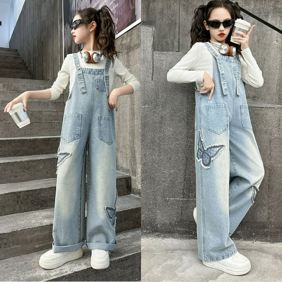 Teen Girls Jean Overalls Jumpsuits Kids Casual Sleeveless Overalls Girls Wide Leg Jeans Pants Girls 1 Piece Rompers with Pockets 10-12 Years Girls Clothes