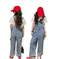thumbnail image 1 of Teen Girls Jean Overalls Jumpsuits Kids Casual Sleeveless Romper Girls Wide Leg Jeans Girls 1 Piece Rompers with Pockets Clothes for 11-12 Years Old Girl, 1 of 8