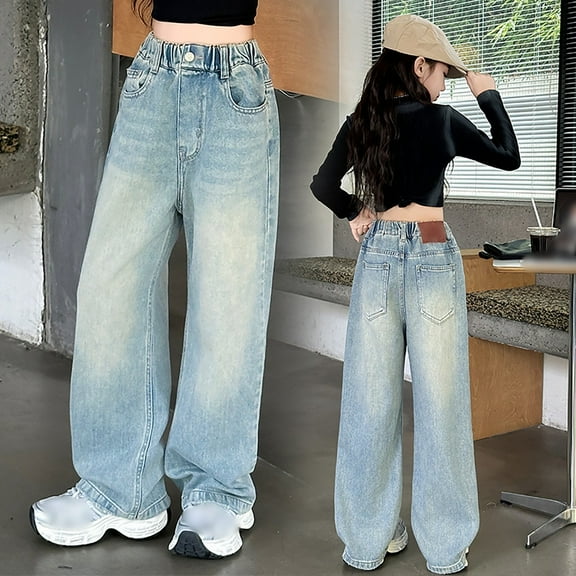 Teen Girls Jeans Elastic Waist Jeans Girls Straight Leg Wide Leg Girls Pants High Waist Baggy Pants with Pockets Girls Size 11-12 Years Clothes