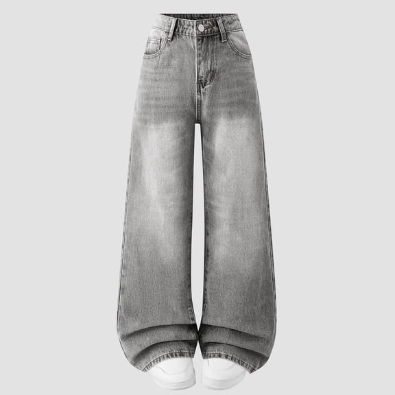 Teen Girls' Jeans Girls Grey Jeans Girls Straight Leg Wide Leg Denim Jeans High Waist Girls Baggy Jeans with Pocket School Clothes 15-16 Years