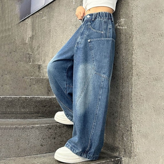 Kids Jeans Girls Jeans Baggy Relaxed Fit Wide Leg Denim Jeans with Pockets Straight Leg Jeans Girls Clothes Size 9-10 Years