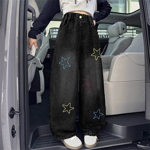 Teen Girls Jeans Star Jeans Girls Straight Leg Jeans Wide Leg Girls Pants High Waisted Girls Baggy Jeans Casual Girls Size 12-13 Years Jeans