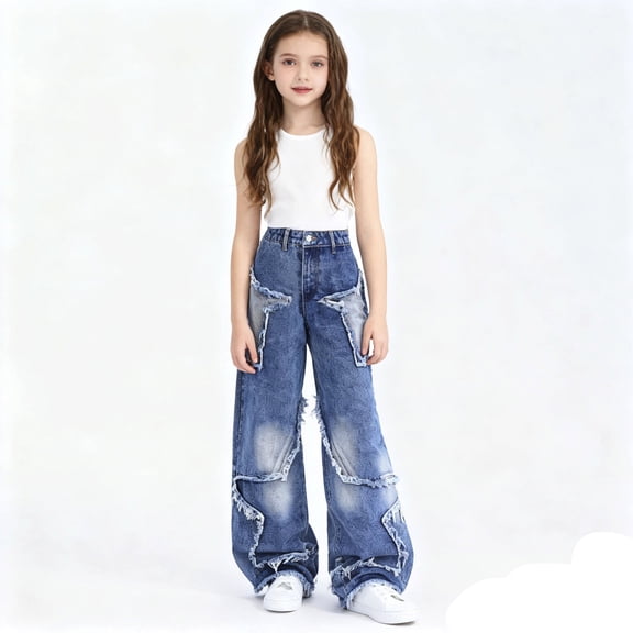 Teen Girls' Jeans Star Jeans Girls Straight Leg Jeans Wide Leg Jeans Girls High Waisted Cute Baggy Jeans with Pocket Teens Pants 12-13 Years