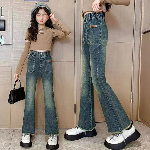 Teen Girls Jeans Toddler Bell Bottom Pants Embroidered High Waisted Girls Wide Leg Jeans with Pockets for Girls 11-12 Years