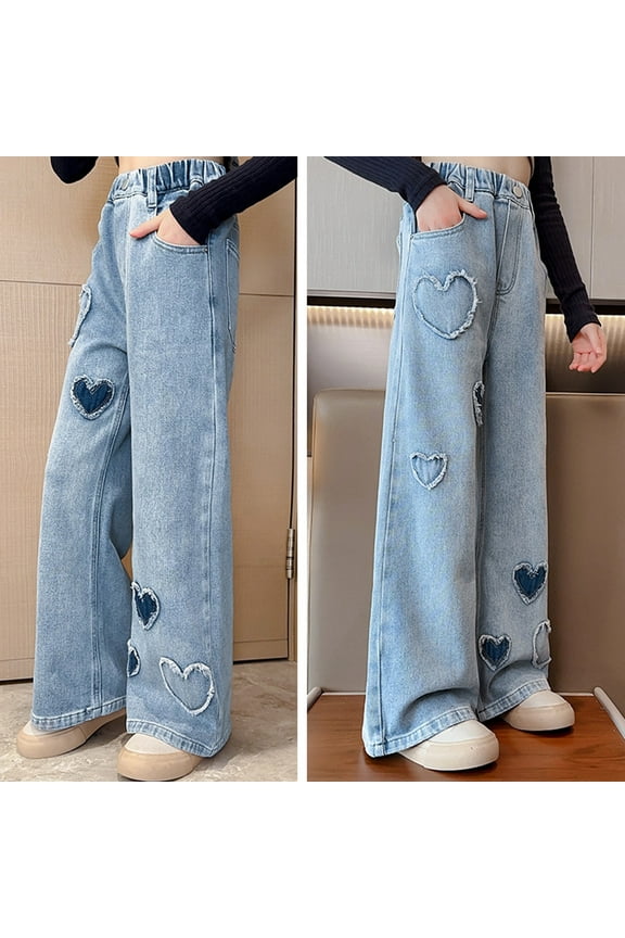 Teen Girls Jeans Washed Wide Leg Ripped Baggy Denim with Cute Heart Embroidery (Blue 12-14 Years)