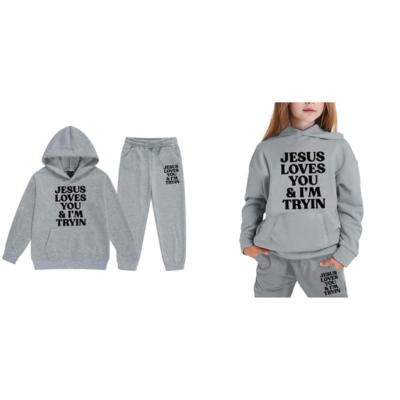 Teen Girls Jesus Loves You Sweatshirt Long Sleeve Warm Graphic Hoodies Loose Pullover Sweatpants 2 Pcs Winter Clothes 12-13 Years Girls Outfits Cute Boys Girls Clothing