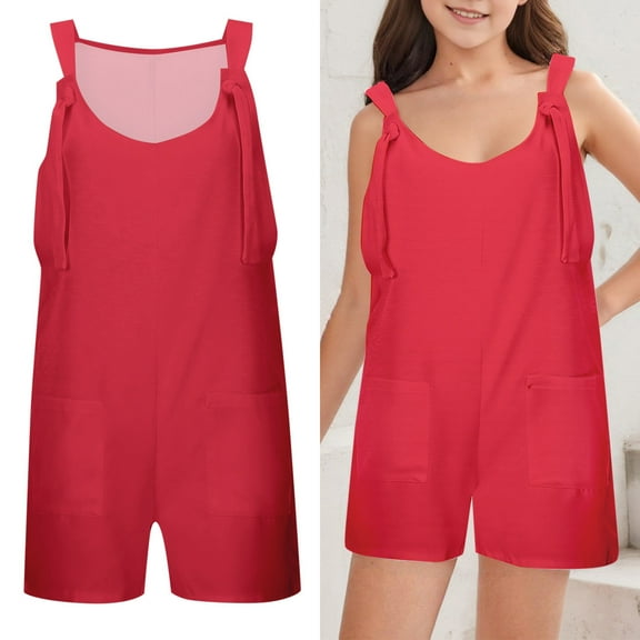Teen Girls Jumpsuit Girls Overalls Kids Casual Sleeveless Girls Loose Rompers with Pockets Red Jumpsuits Tween Summer Clothes 13-14 Years