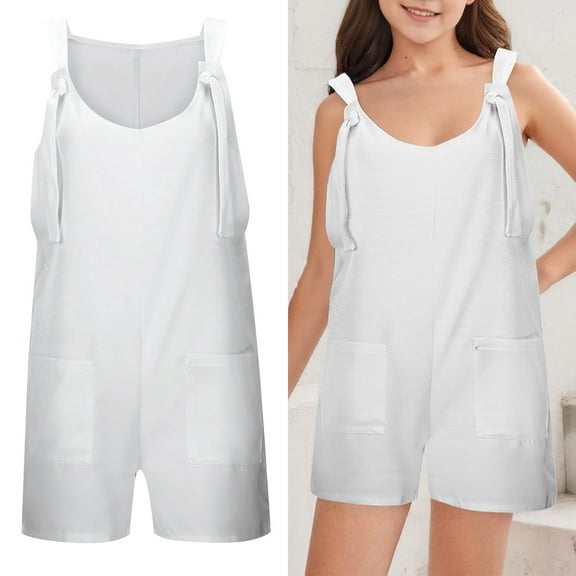 Teen Girls Jumpsuit Kids Casual Sleeveless Romper Girls 1 Piece Rompers with Pockets White Jumpsuits Back to School Outfits 11-12 Years