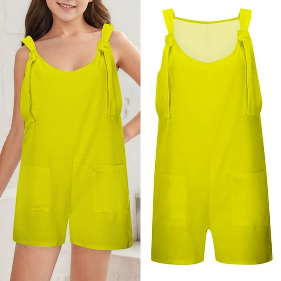 Teen Girls Jumpsuits Girls Overalls Kids Casual Sleeveless Girls 1 Piece Rompers with Pockets Yellow Jumpsuits Back to School Outfits 11-12 Years