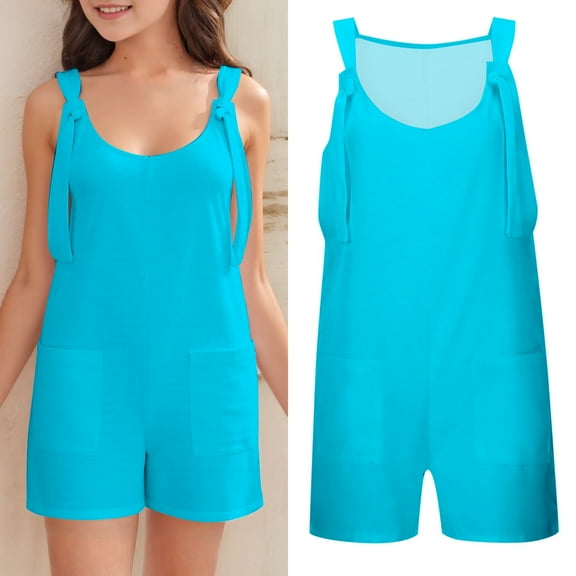 Teen Girls Jumpsuits Kids Casual Sleeveless Romper Girls Loose Rompers with Pockets Blue Jumpsuit Girls Size 11-12 Years Outfits