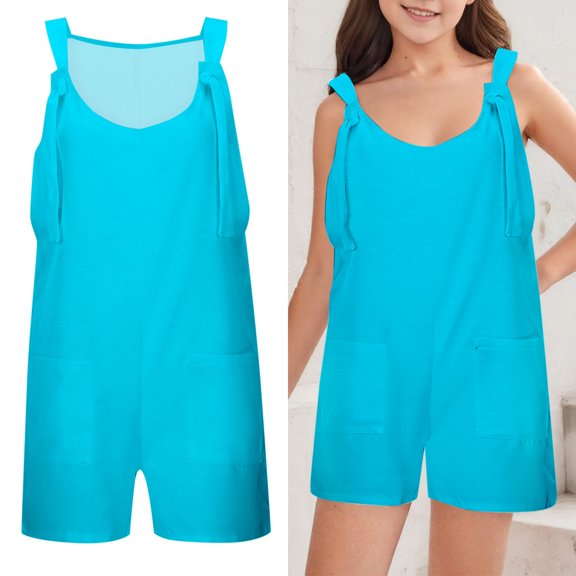 Teen Girls' Jumpsuits & Rompers Kids Casual Sleeveless Romper Girls 1 Piece Rompers with Pockets Blue Jumpsuits Clothes for 11-12 Years Old Girls