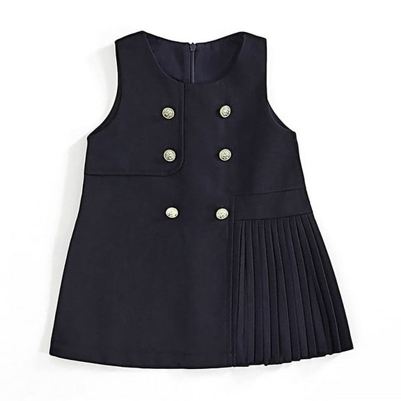 Teen Girls A Line School Uniform Jumper Dress-Girls Classic Vest Sleeveless Pleated Dress Double Breasted Preppy Style Autumn Winter for Girls 1- 12 Y