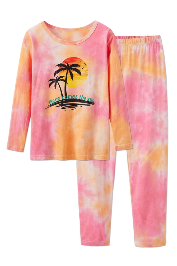 Teen Girls Long Sleeve & Pants Tie-dye Palm Tree Pajama PJ Set 2-Piece Outfit Big Kid Size 12