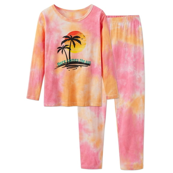 Teen Girls Long Sleeve & Pants Tie-dye Palm Tree Pajama PJ Set 2-Piece Outfit Big Kid Size 12