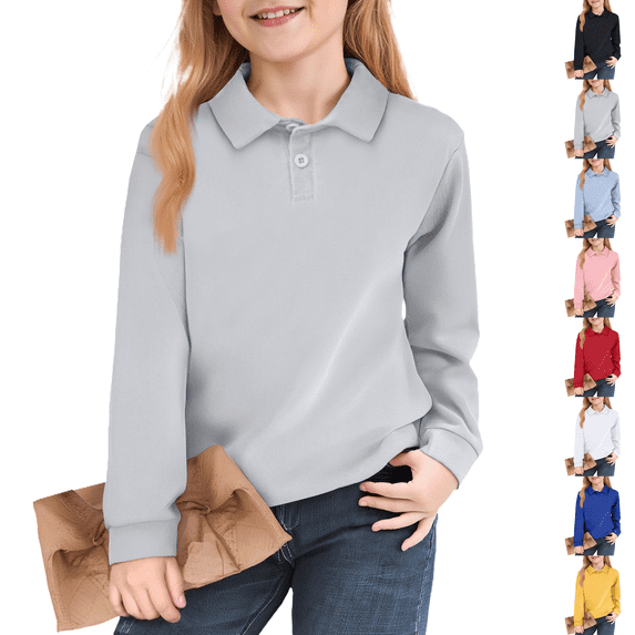 Teen Girls Long Sleeve Polo Shirts Button Laple Collar Fall Girls Tops Vacation Solid Kid Casual Teen Clothes Gray 140