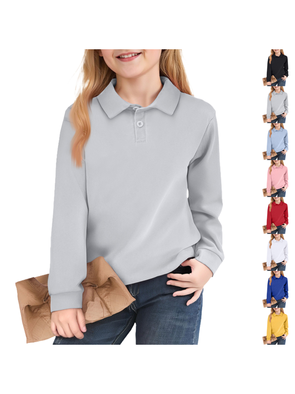 Teen Girls Long Sleeve Polo Shirts Button Laple Collar Fall Girls Tops Vacation Solid Kid Casual Teen Clothes Gray 150