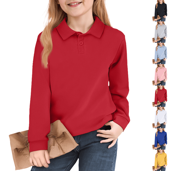 Teen Girls Long Sleeve Polo Shirts Button Laple Collar Fall Girls Tops Vacation Solid Kid Casual Teen Clothes Red 130