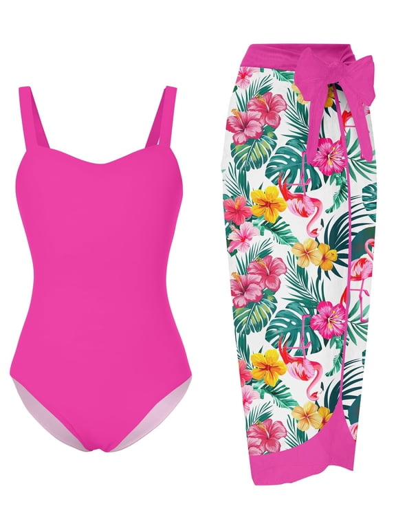 Teen Girls One Piece Swimsuit with Cover Up Sarong Skirt Bathing Suit Beach Swimwear for 10-16 Years