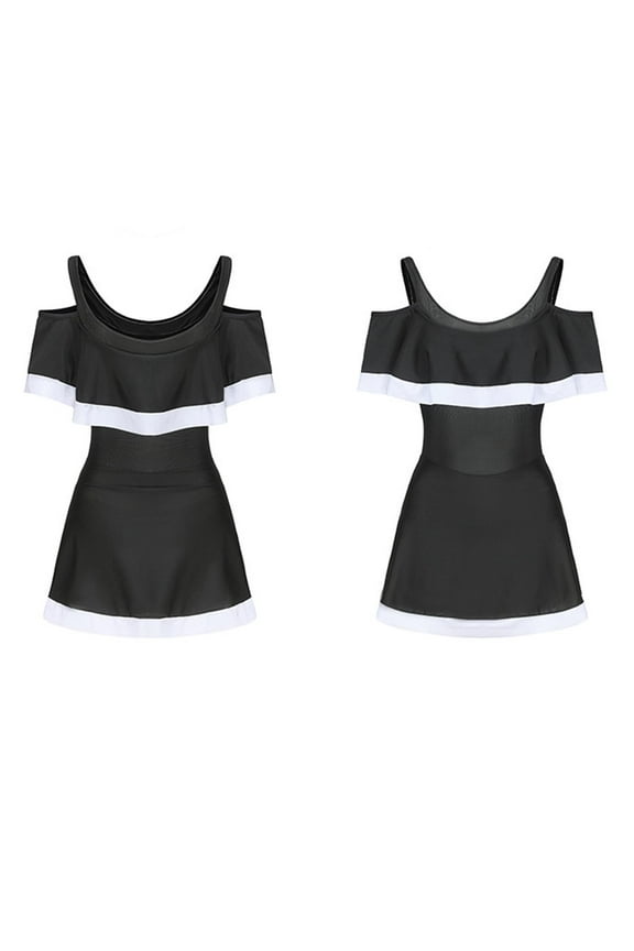 Teen Girls One Piece Swimsuit with Short Modest Beach Swim Dress Cold Shoulder Skirted Bathing Suit Built-in Bra