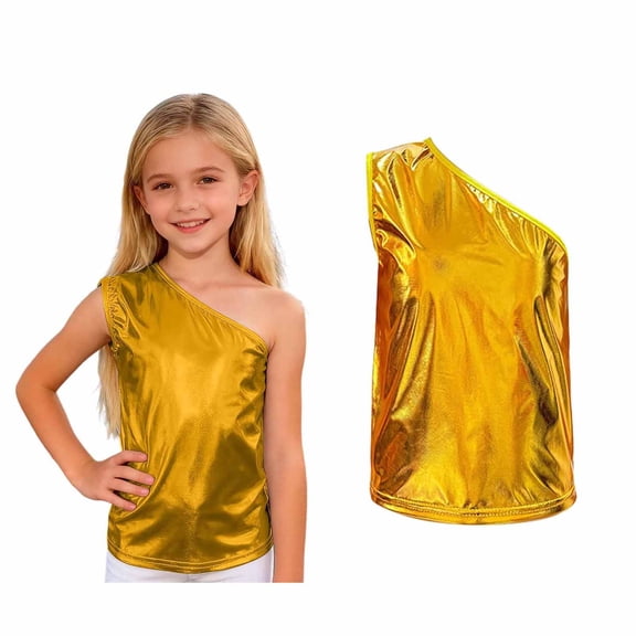Teen Girls One-Shoulder Dance Vest Sleeveless Glittery Metallic Tank Tops Belly Hop Jazz Dance Party 15-16 Years