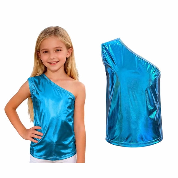 Teen Girls One-Shoulder Vest Sleeveless Metallic Shiny Tank Tops Jazz Hop Performance 17-18 Years
