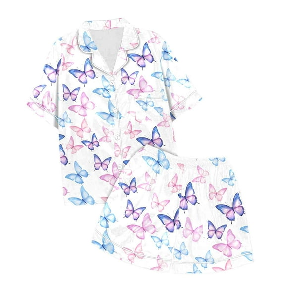 Teen Girls Pajama Set Butterfly Printed Short Sleeve Button Down Shirts Shorts Summer Pajamas for Girls Tween Girl Pajamas 12-13 Years