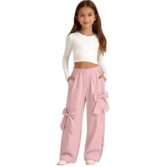 Teen Girls Parachute Pants Bowknot Wide Leg Elastic High Waist Sweatpants Kids Loose Casual Trousers