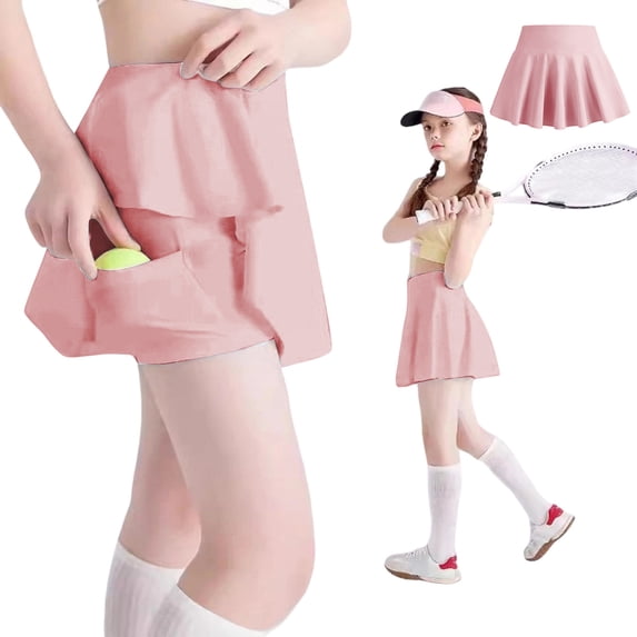 Girls Pink Pleated Tennis Skirt with Shorts High Waist Sport School Uniform Skirts with Pockets 13-14 Years
