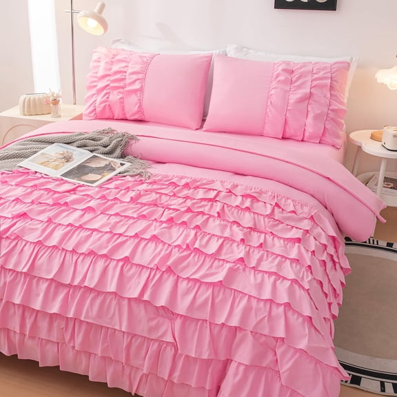 Teen Girls Pink Princess Dress Comforter Set Queen Size, 5 Pcs Bed in a Bag Girl Queen, Girls Pink Ruffled Bedding Set, Teen Bedding Sets for Girl Kids with Sheets