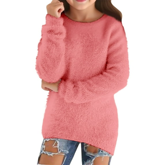 Teen Girls Plush Pullover Sweater Crew Neck Plain Fleece Fuzzy Sweatshirts Tops Kids Long Sleeve Soft Fall Clothes