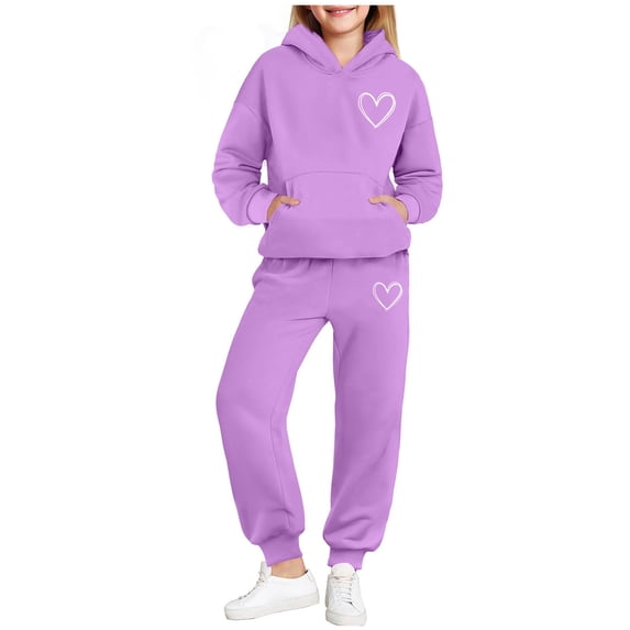Teen Girls Pullover Sweatsuit Heart Casual Trendy Hoodie and Sweatpants Set Fashion Jogging Comfy Tracksuit New 2 Piece Sets for Girls Purple 14-15 Years