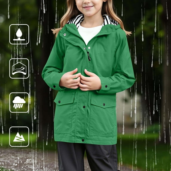 Teen Girls Rain Jacket Waterproof Windproof Lightweight Hiking Coats Hooded Windbreaker Preppy Solid Hidden Pockets Full Zip Button Down Raincoats