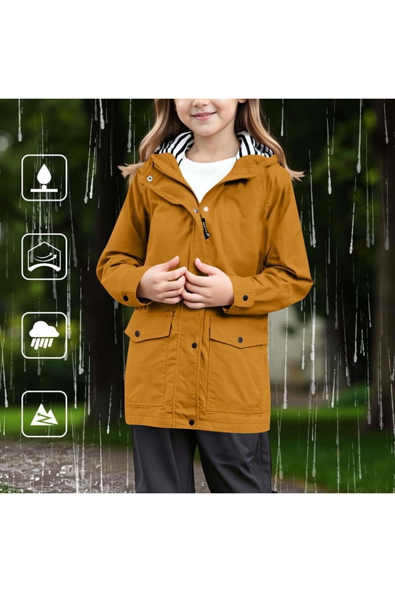 Teen Girls Rain Jacket Waterproof Windproof Lightweight Hiking Coats Hooded Windbreaker Preppy Solid Hidden Pockets Full Zip Button Down Raincoats