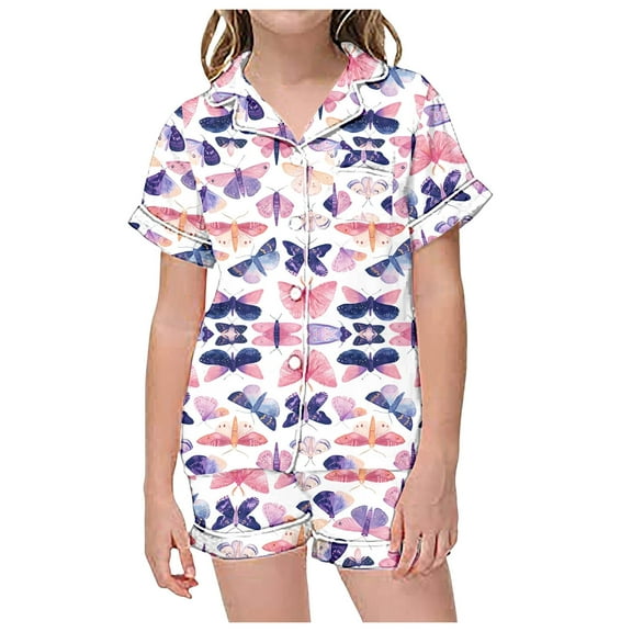 Teen Girls Satin Pajamas Butterfly Printed Short Sleeve Button Down Shirts with Shorts Girl Summer Pajamas Silk PJS for Girls 12-13 Years