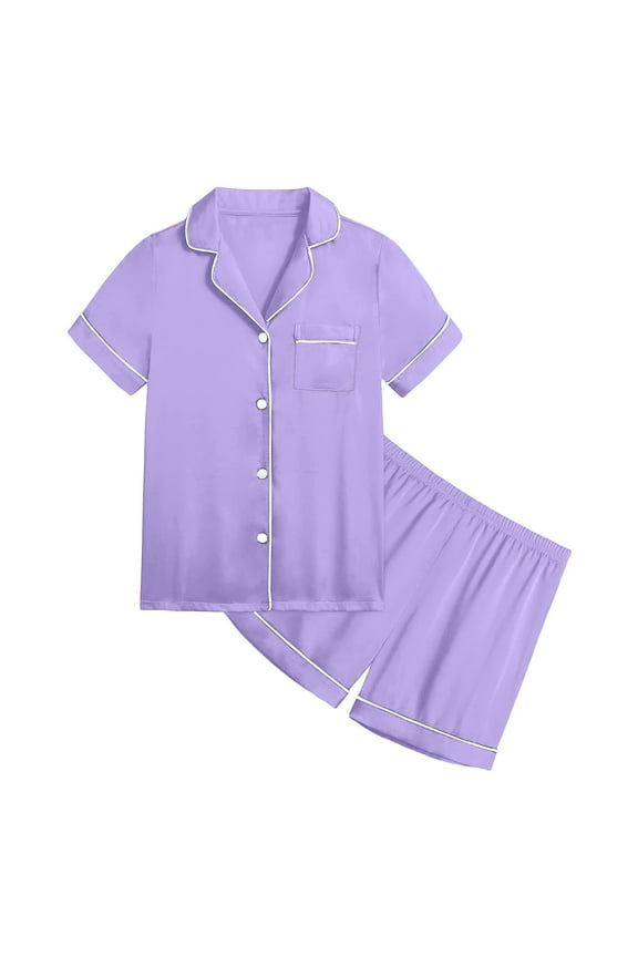 Teen Girls Satin Pajamas Short Sleeve Button-Down Top Shorts Girls Summer Pajamas Pajamas for Girls 12-13 Years
