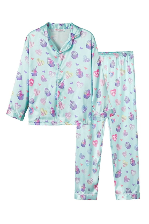 Teen Girls Satin Silk Button Up Pajama Cute Cupcake Long Sleeve PJS Set Size 12