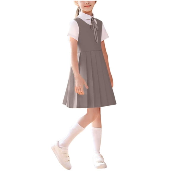 Teen Girls School 3 Pieces Dress Sets Short Sleeve Shirts Pleated Overall Dress Kids Casual Comfy Solid Color Outfits Set With Tie