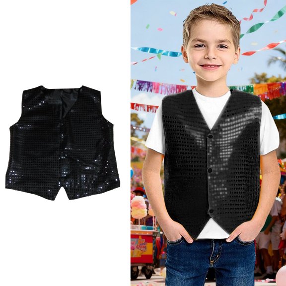 Teen Girls Sequin Vest Sparkle Sequins Sleeveless Button Jacket Black Vest Kids Party Carnival Gown Vest Top Size 17-18 Years