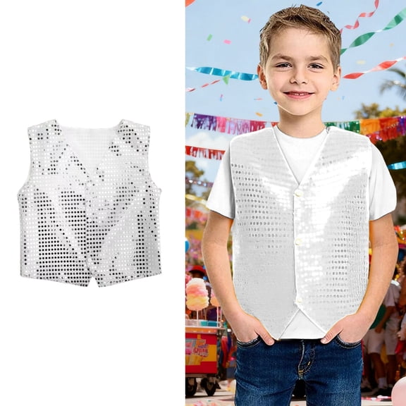 Teen Girls Sequin Vest Sparkle Sequins Sleeveless Button Vest Girls White Sequin Top Hop Jazz Dance Performance Vest Size 11-12 Years