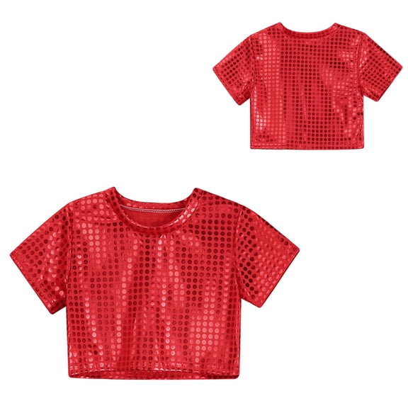 Teen Girls Shiny Sequins Crop Tops Short Sleeves Y2K Top Jazz Hop Party Performance 14-16 Years
