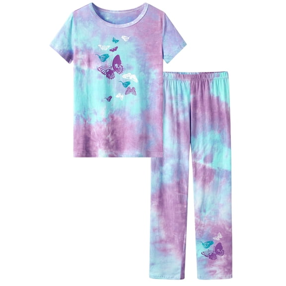 Beezizac Teen Girls Short Sleeve & Pants Tie-dye Butterfly Pajama PJ Set 2-Piece Outfit Big Kid Size 14