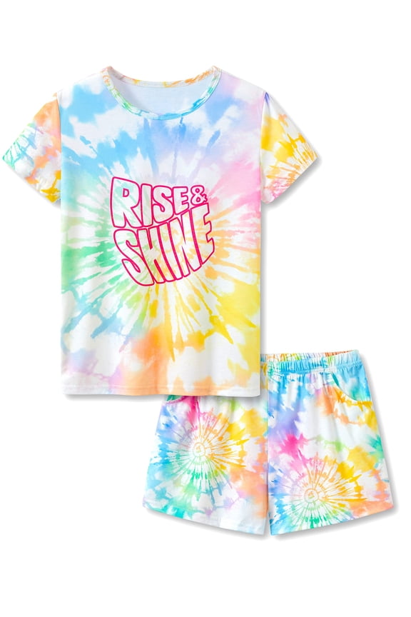 Teen Girls Short Sleeve Tie Dye Rise & Shine Pajama PJ Set 2-Piece Outfit Big Kid Size 12