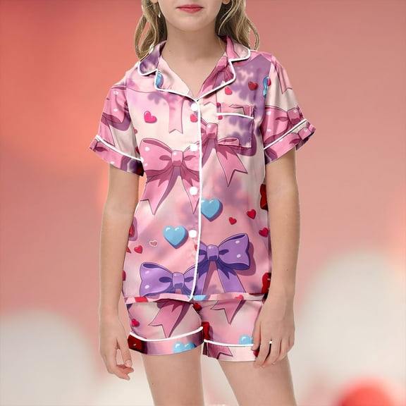 Teen Girls Silk PJS Bow Print Short Sleeve Button Down Shirts with Shorts Summer Clothes for Girls Tween PJS 12-13 Years