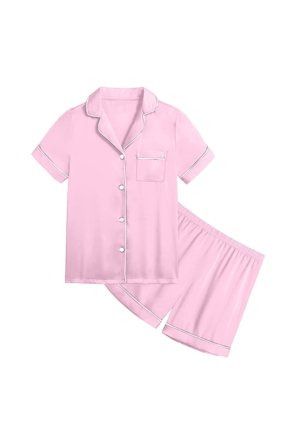 Teen Girls Silk PJS Short Sleeve Button-Down Nightwear with Shorts Girls Summer PJS Girls PJS Size 12-13 Years